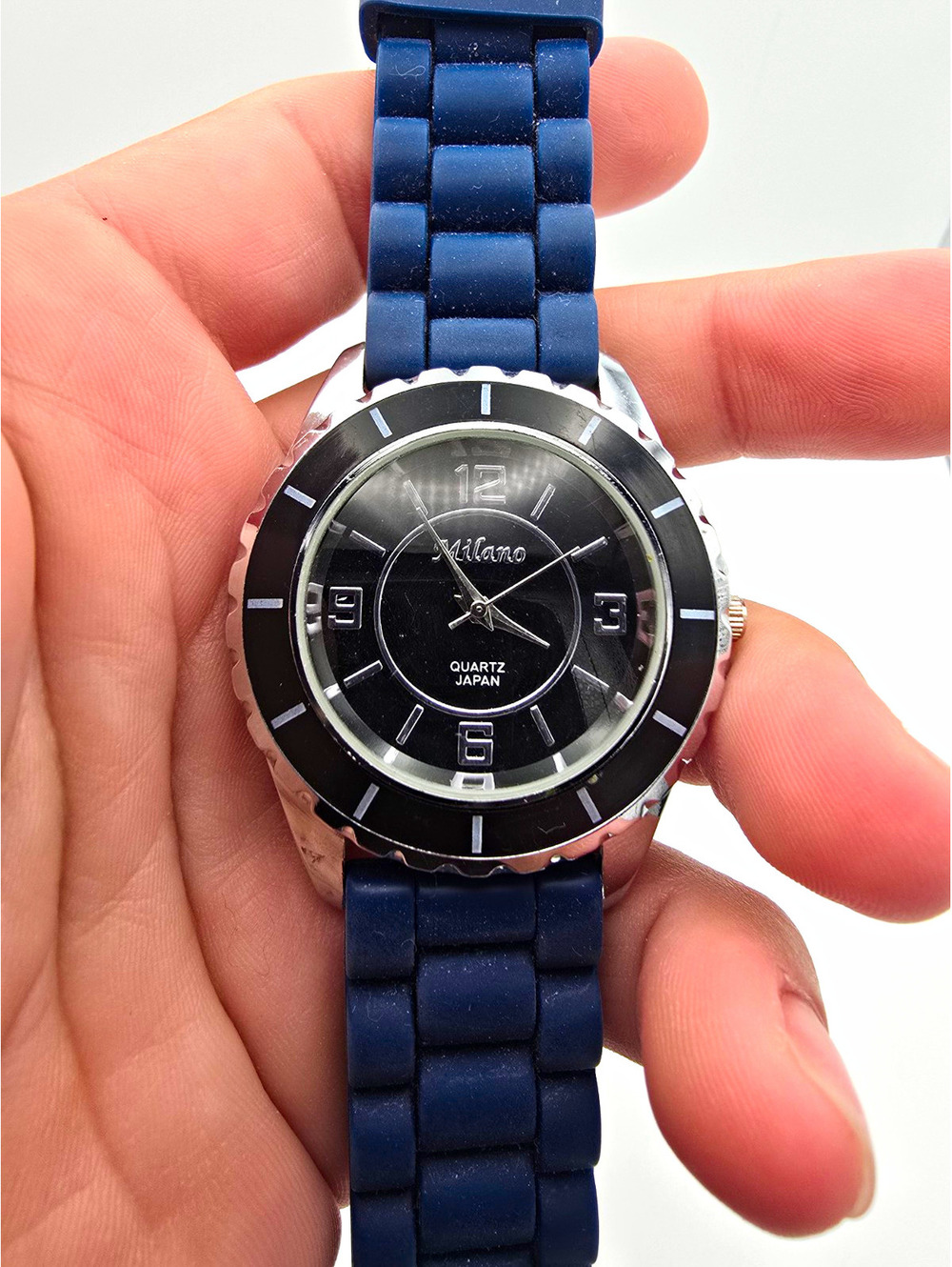 Milano Watch Silver SS Case Black Dial Blue Silicone Strap